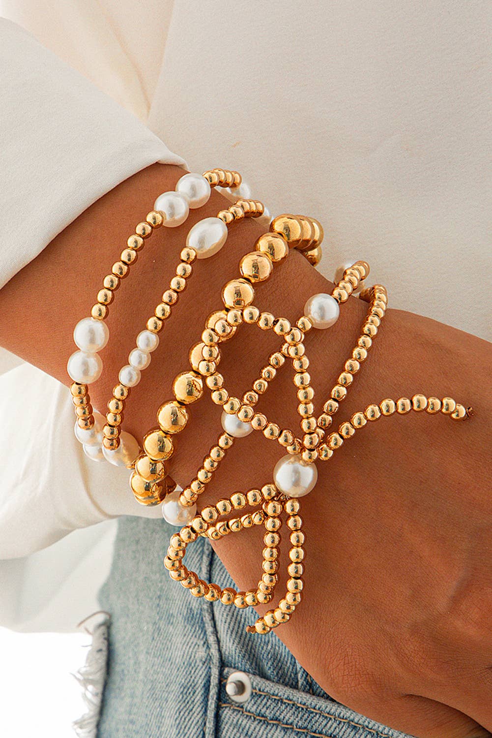 LDC Bow Knot Pearl Beaded Multi Layered Bracelet Set