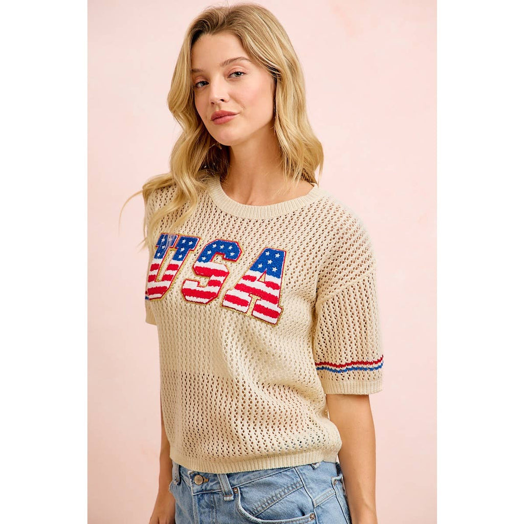 4TH OF JULY USA LETTERING PATHCH OPEN KNIT TOP