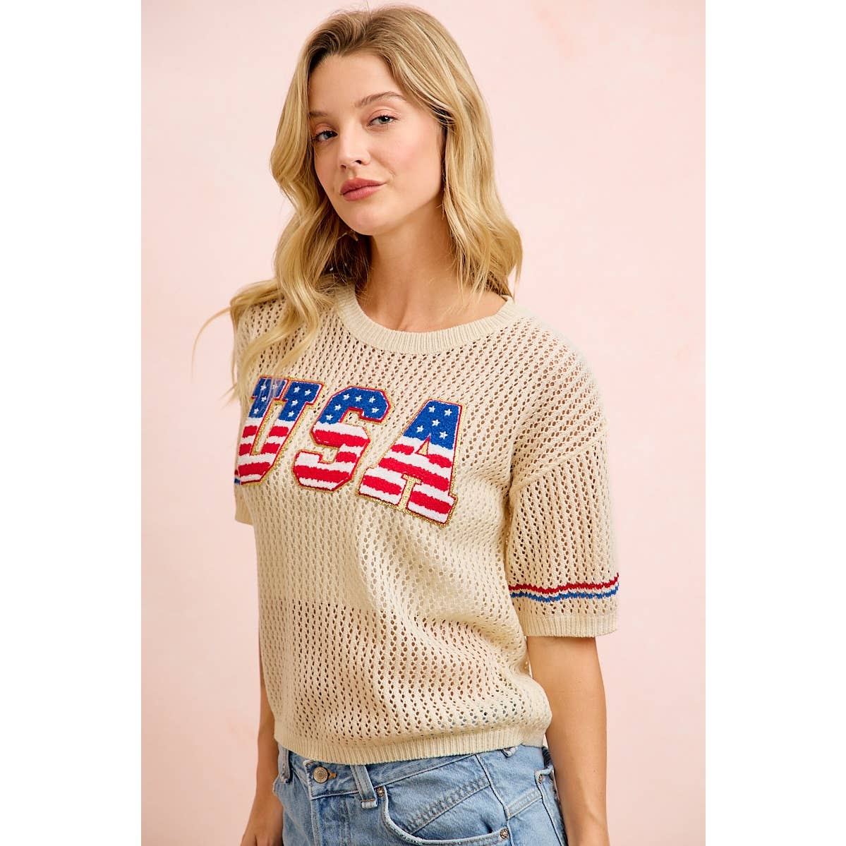4TH OF JULY USA LETTERING PATHCH OPEN KNIT TOP