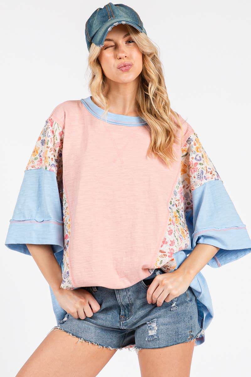 WASHED FLORAL PATCHWORK OVERSIZED CONTRAST TEE