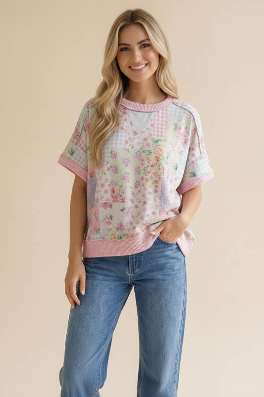 Plus Floral Patchwork Top With Triangle Detail