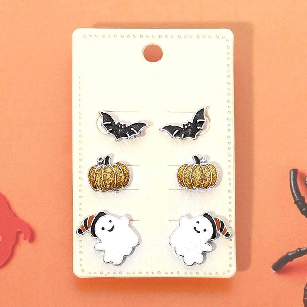 3Pairs - Halloween Bat Pumpkin Ghost Stud Earring Set
