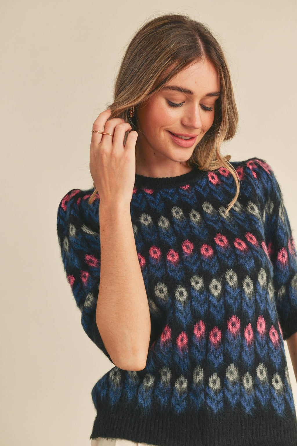 FLORAL KNIT SHORT PUFF SLEEVE SWEATER TOP