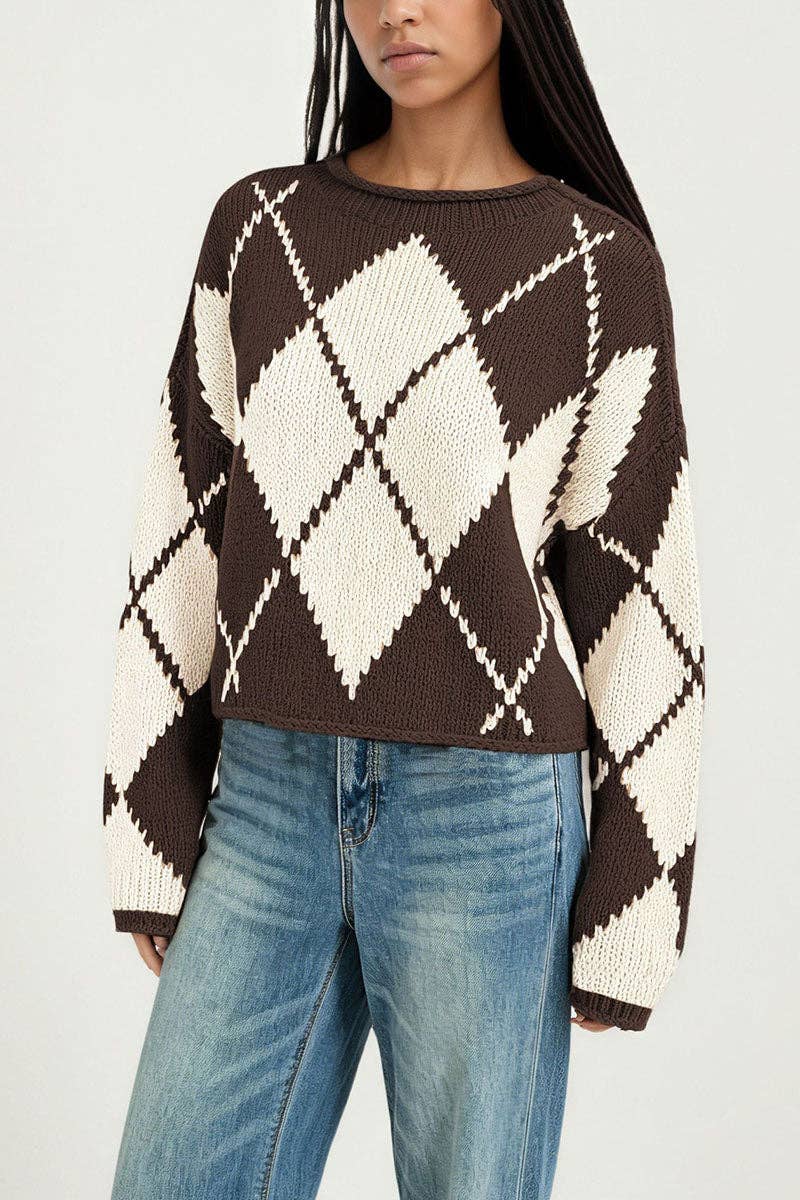 Argyle Knit Crew Neck Sweater
