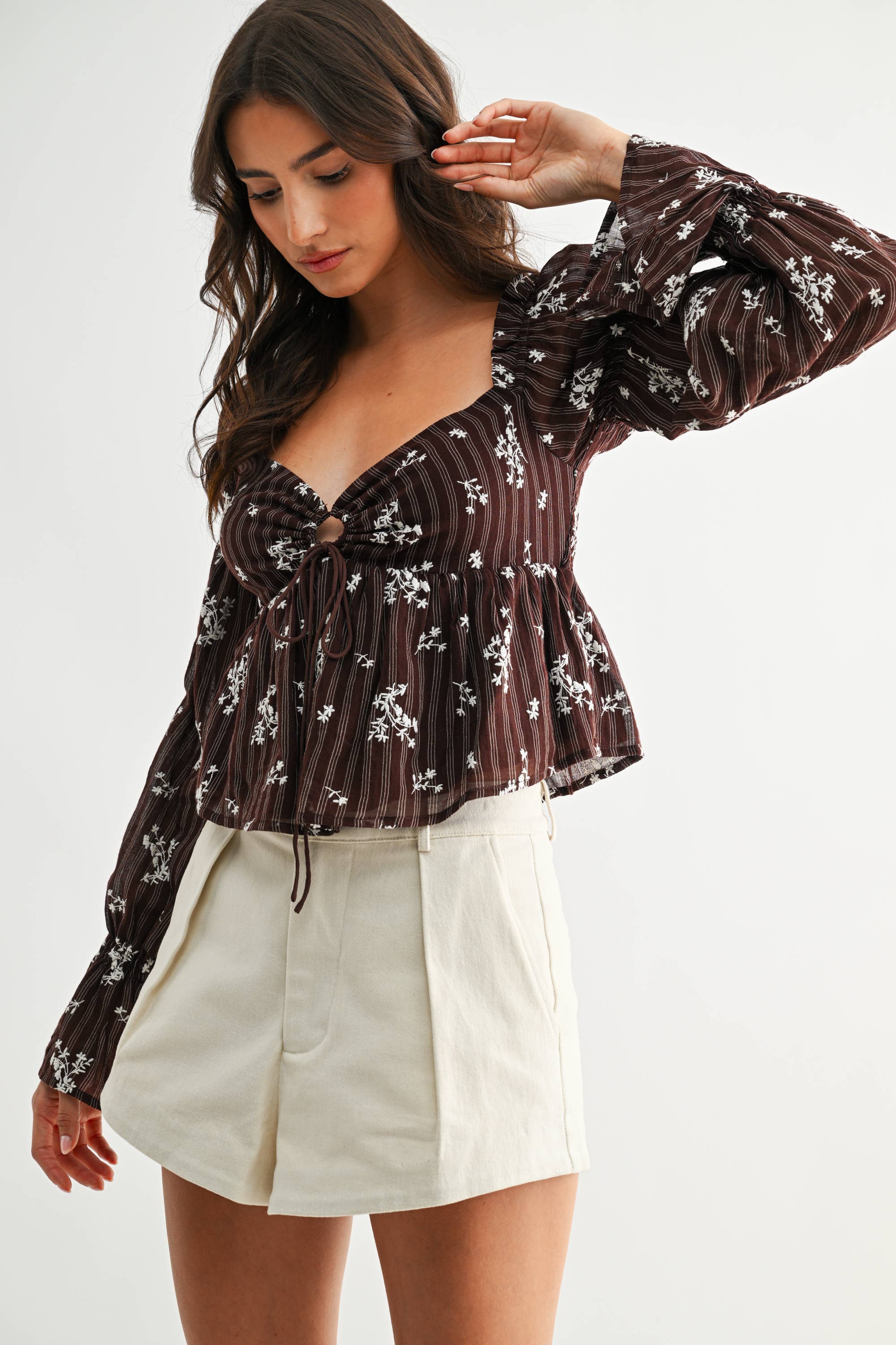 FLORAL TIE-FRONT PEPLUM TOP