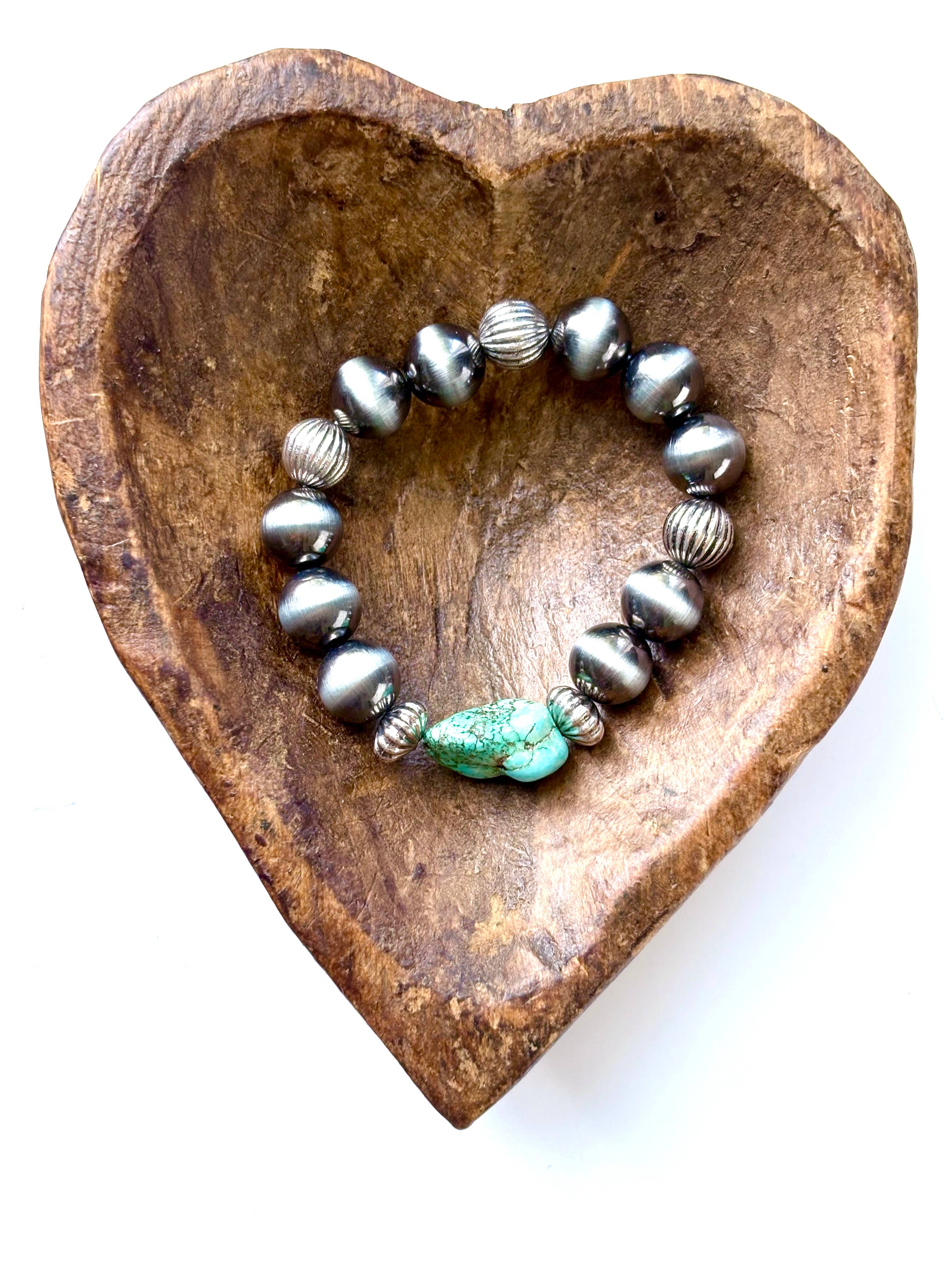 Western Navajo Pearl Stretch Bracelet with Turquoise Stone