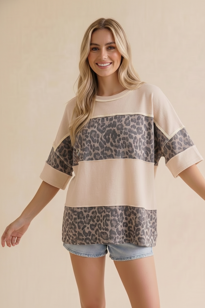 Plus Round Neck Color Block Leopard Knit Top