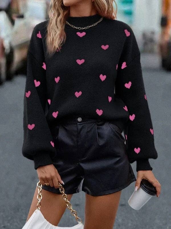 Valentine Heart Print Loose Knit Pullover Sweater