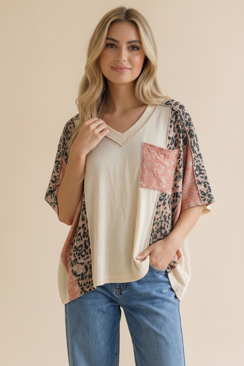 Plus Floral Leopard Color Block Dolman Knit Top