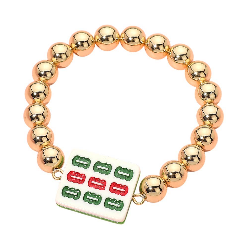 Mahjong Tile Accent Metal Ball Beaded Stretch Bracelet
