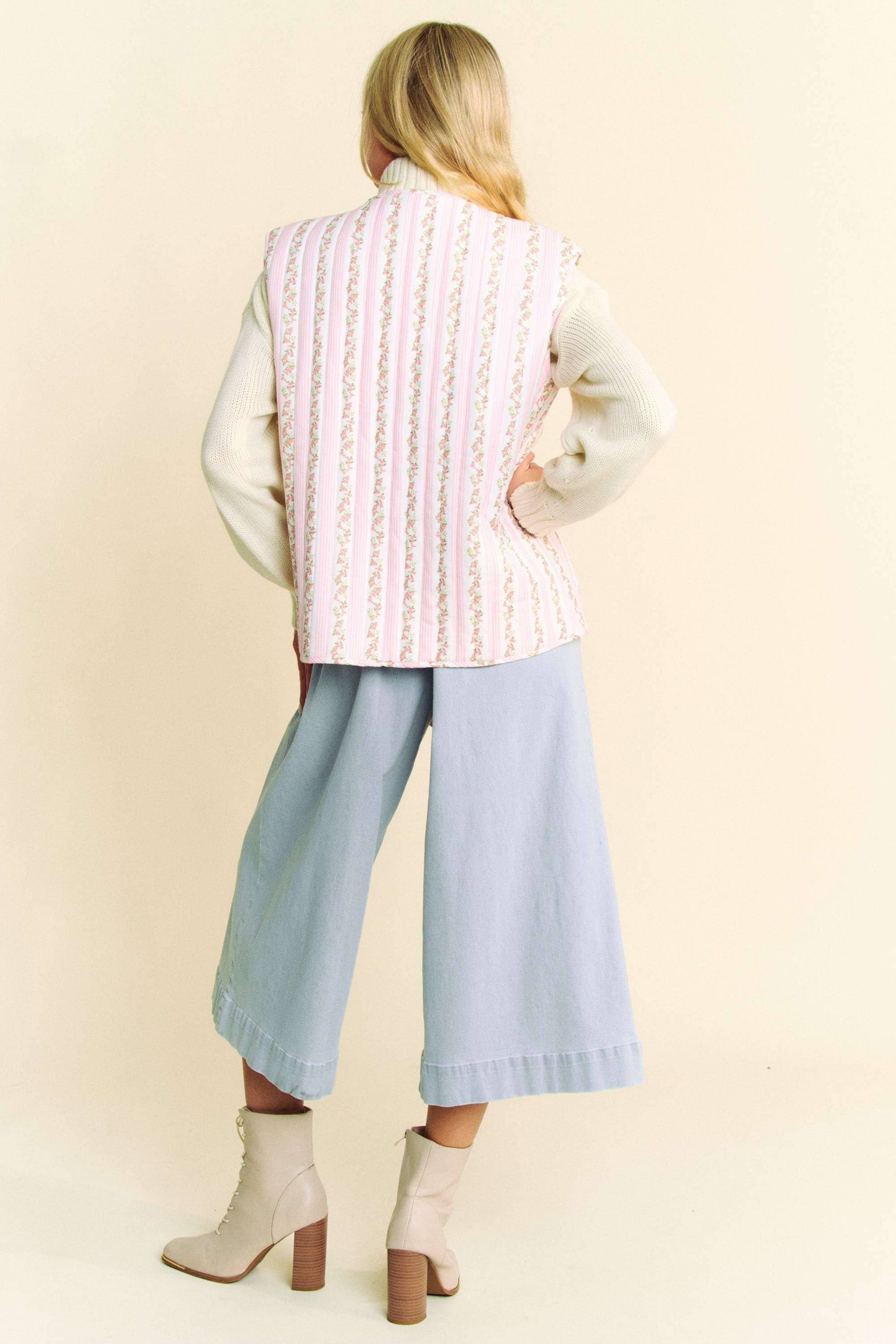 QUILTED FLORAL BOW TIE FRONT PADDING VEST JACKET