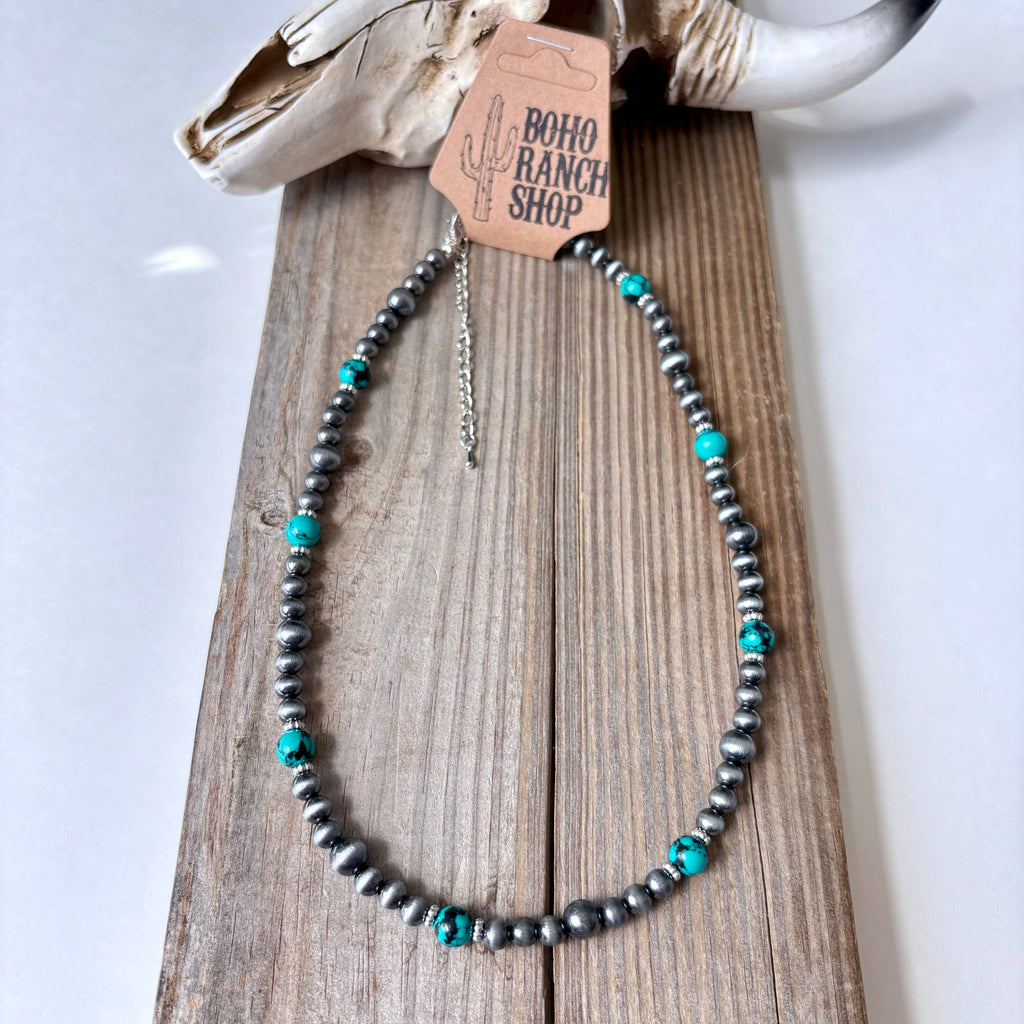 Western Navajo Pearl & Turquoise Stone Bead Necklace