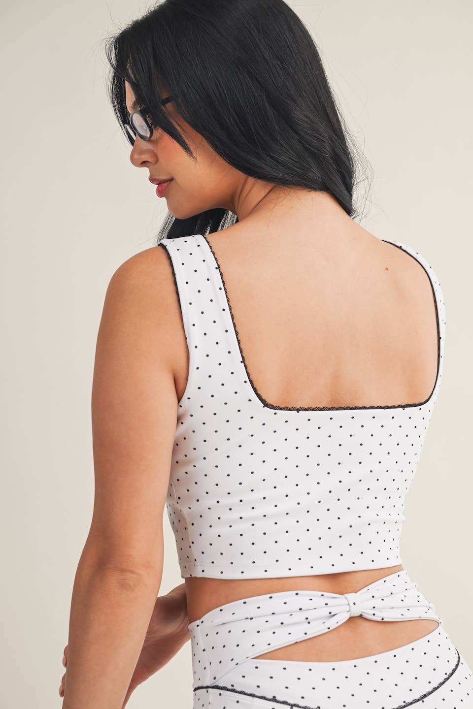 Polka Dot Print Crop Tank with Lace Trim