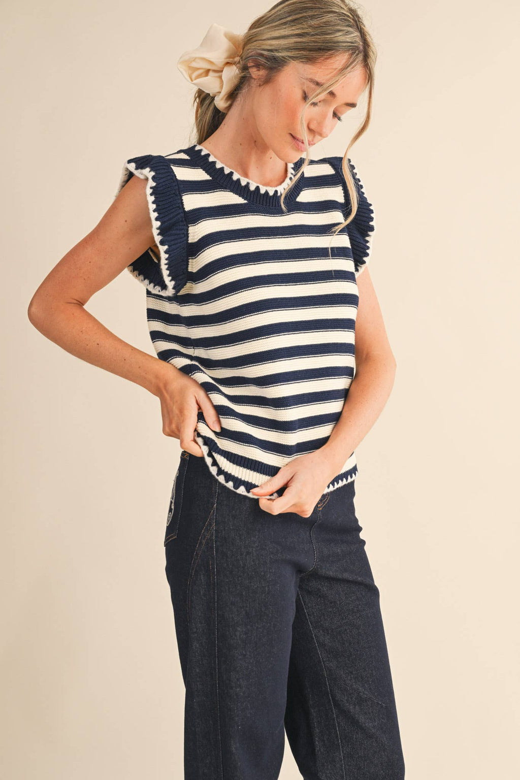 STRIPED FLUTTER SLEEVE SWEATER TOP