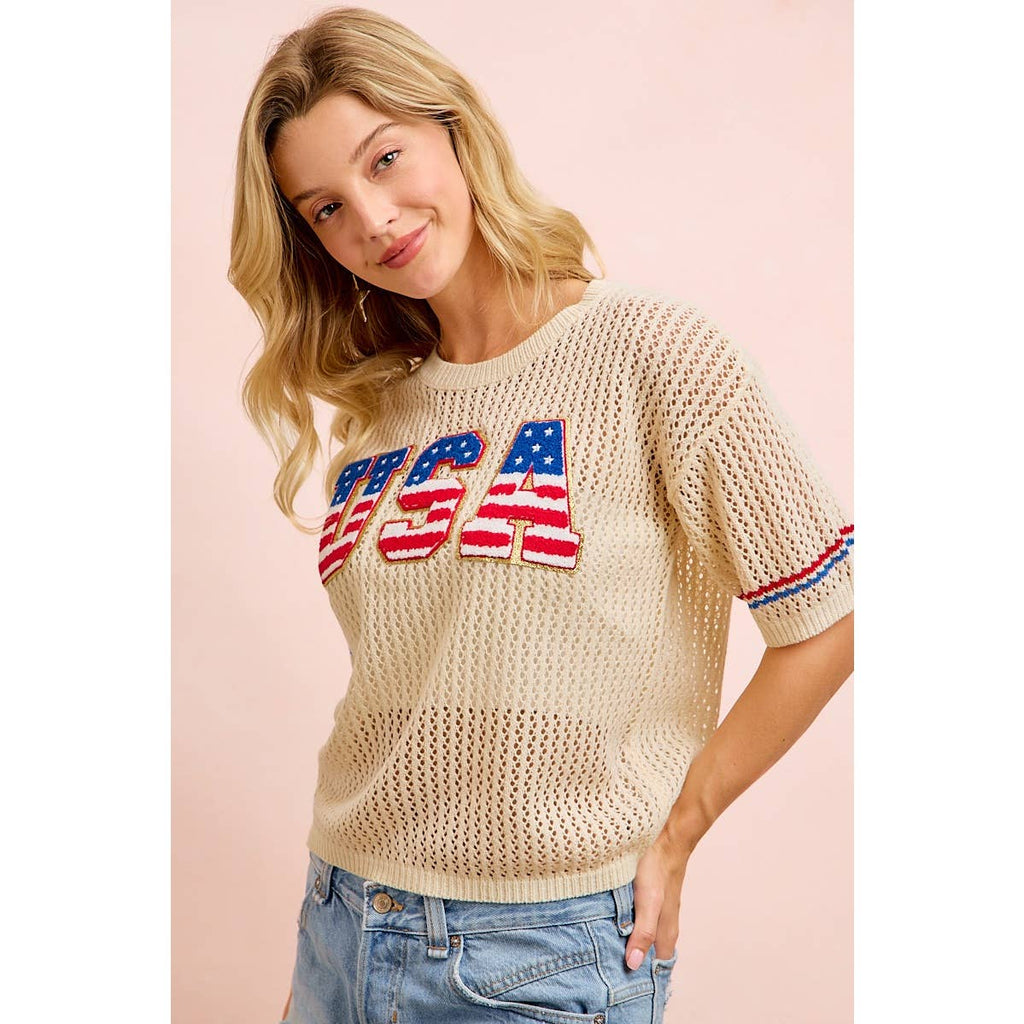 4TH OF JULY USA LETTERING PATHCH OPEN KNIT TOP