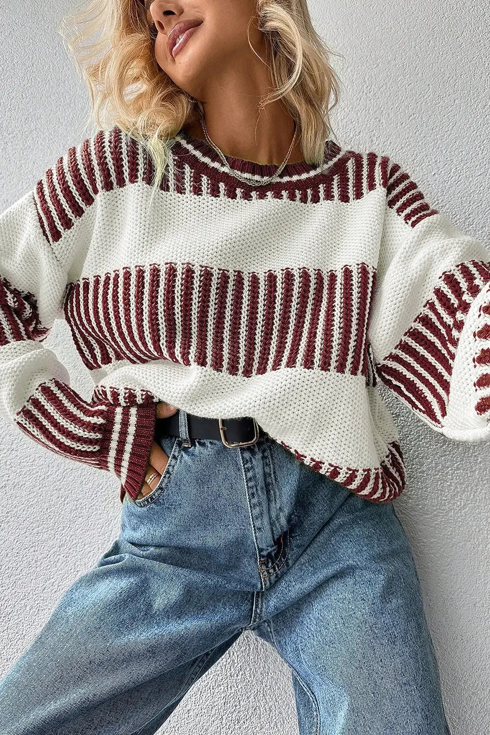 Two Tone Striped Patchwork Drop Shoulder Loose Sweater
