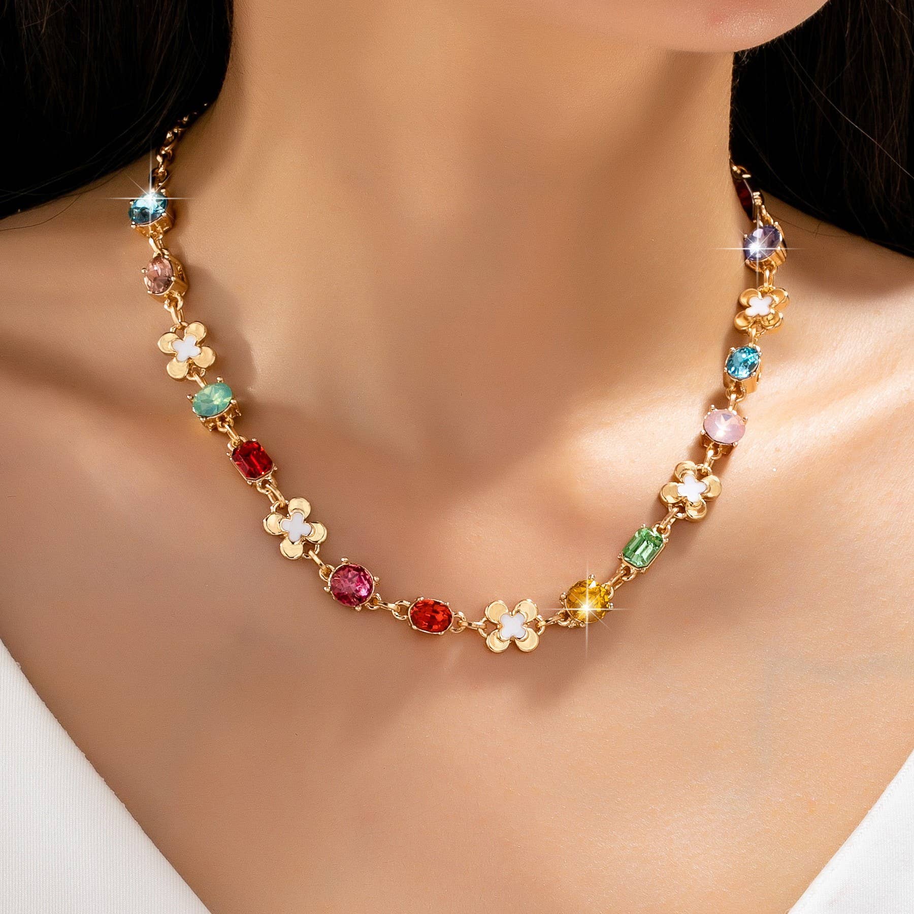 Multi color Gemstone & Enamel Clover Necklace | 80N93261