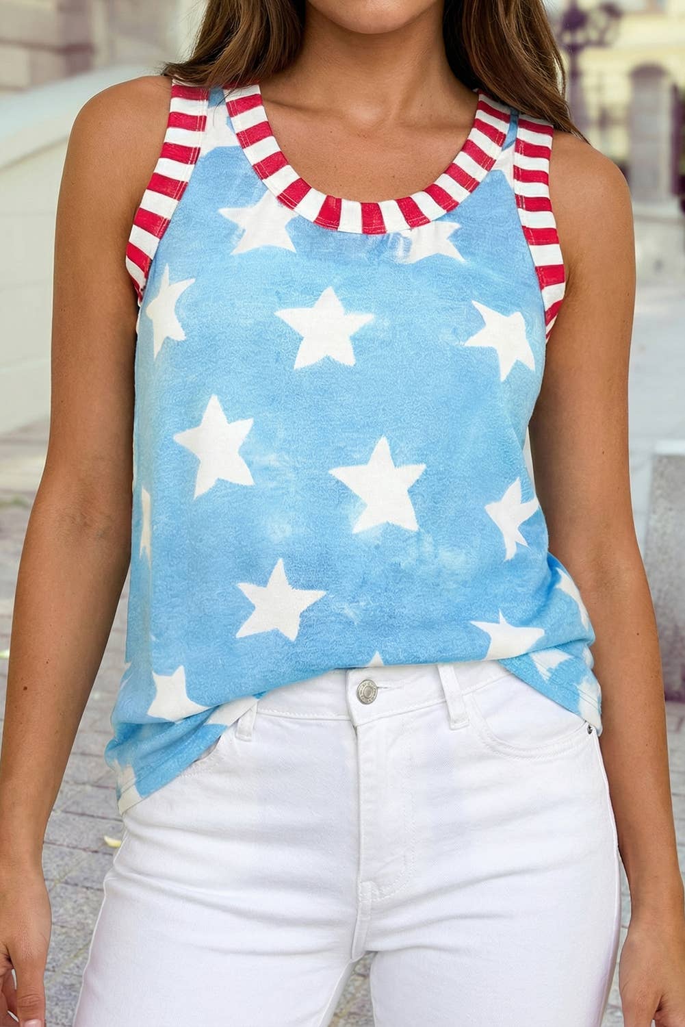 Tie Dye Star Print Striped Trim Round Neck Casual Tank Top