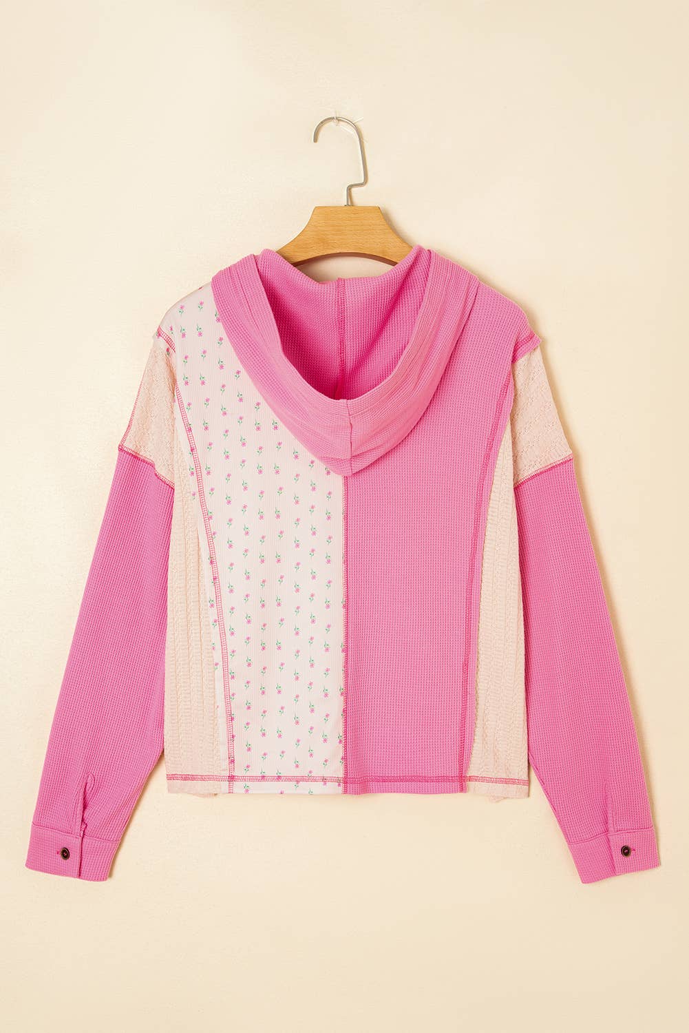 Pink Texture Floral Patched Hooded Oversize Pullover