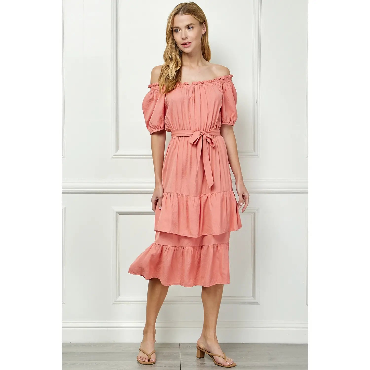 LINEN DOUBLE TIER PUFF SLEEV DRESS