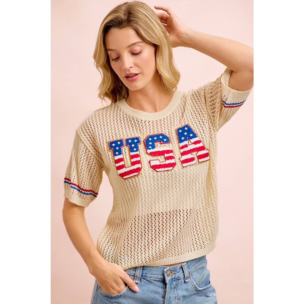 4TH OF JULY USA LETTERING PATHCH OPEN KNIT TOP