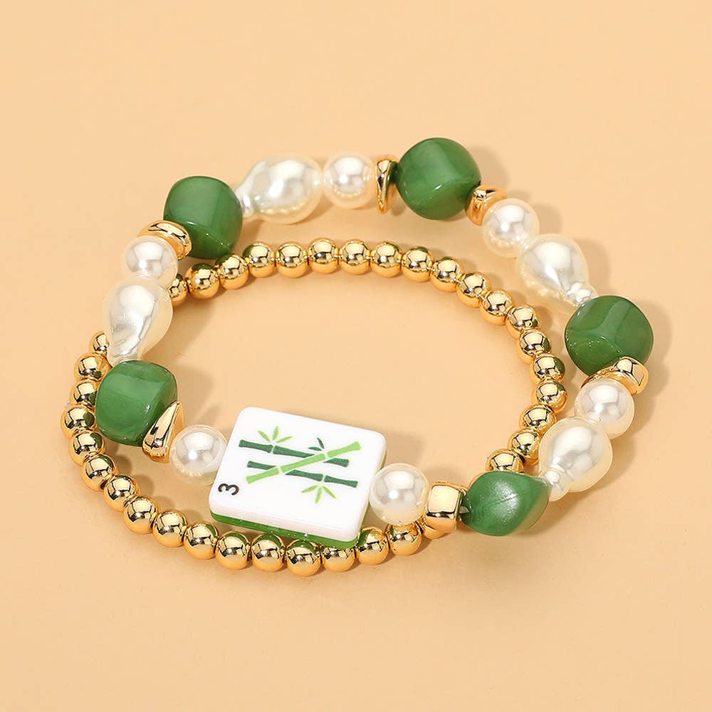 2PCS - Mahjong Tile Pearl Beaded Stretch Multi Layered Bracelets