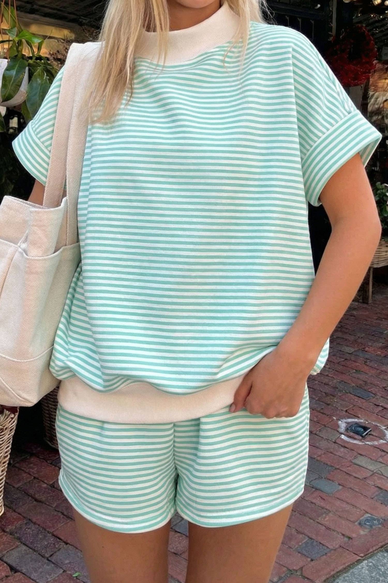 Mock Neck Tee Casual 2pcs Short Sets