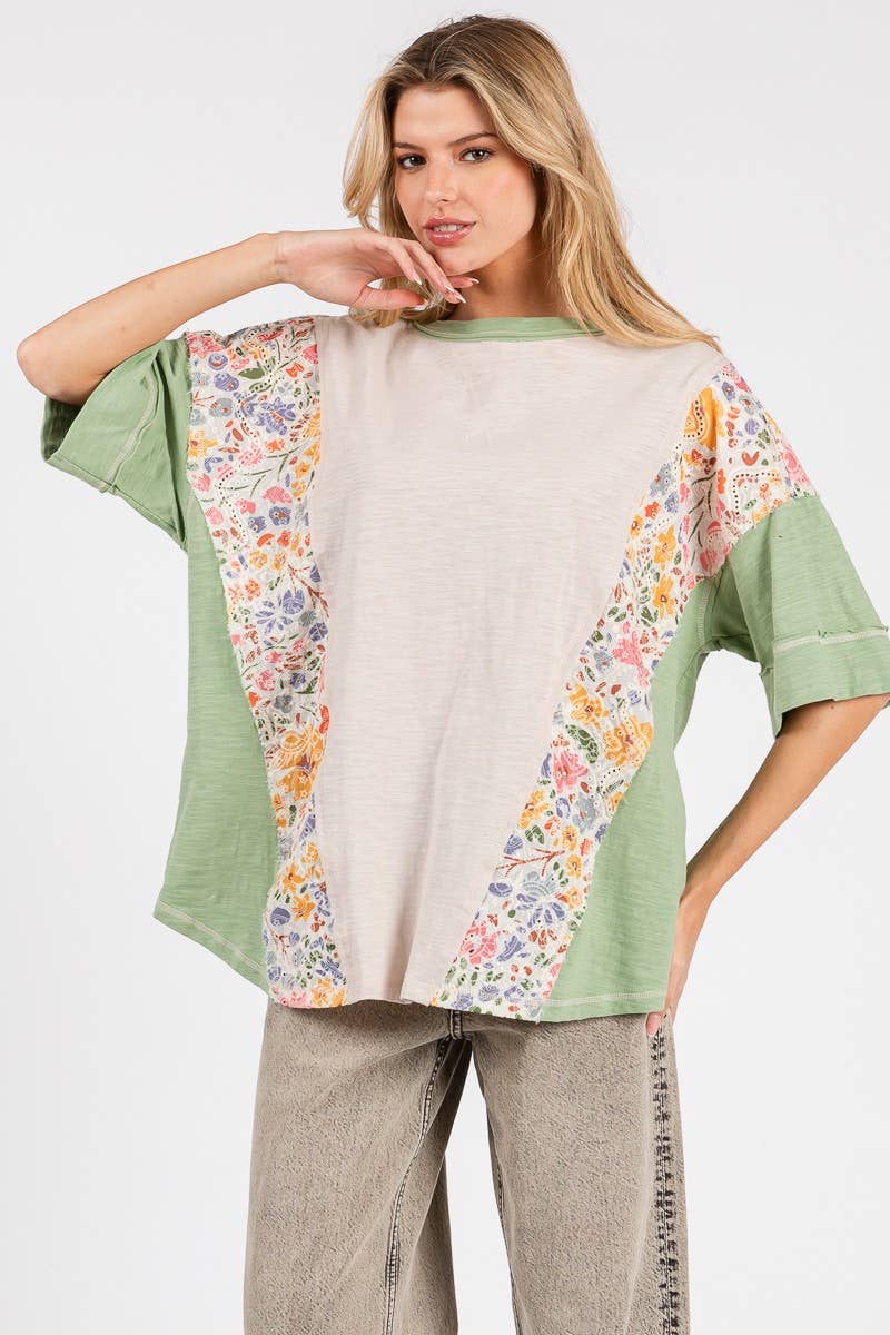 WASHED FLORAL PATCHWORK OVERSIZED CONTRAST TEE
