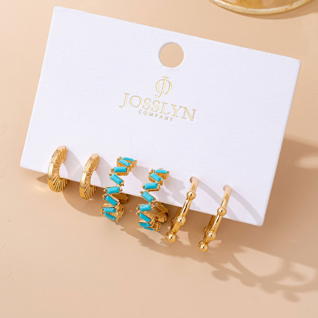 Gold Western inspired turquoise Enamel Hoop Trio Earring Set