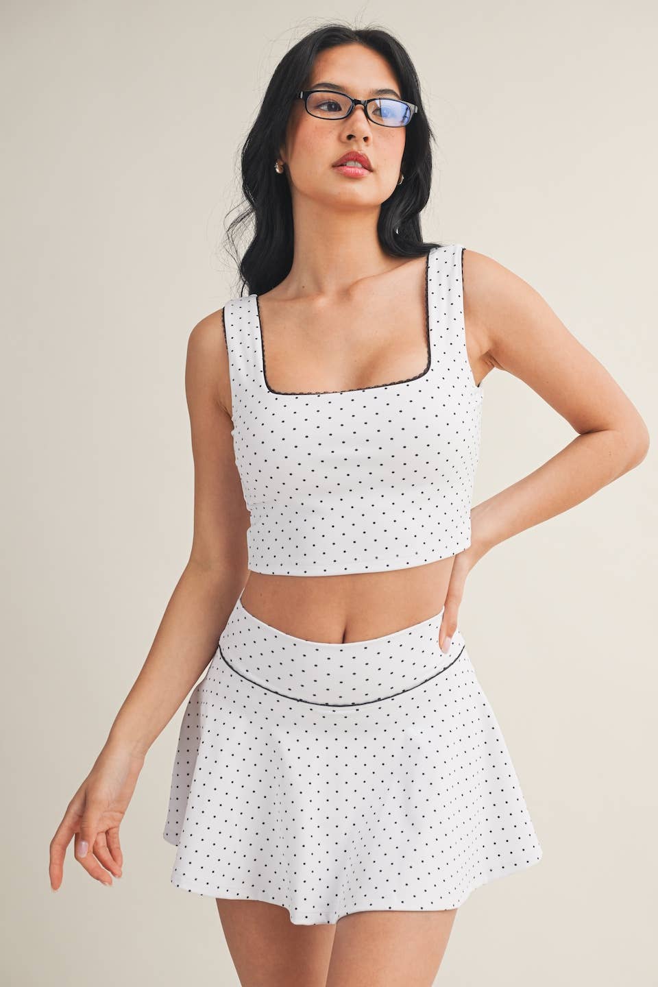 Polka Dot Print Crop Tank with Lace Trim