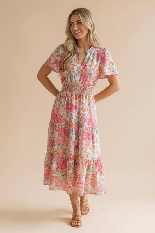 Notch Neck Smocked Waist Maxi Floral Dress