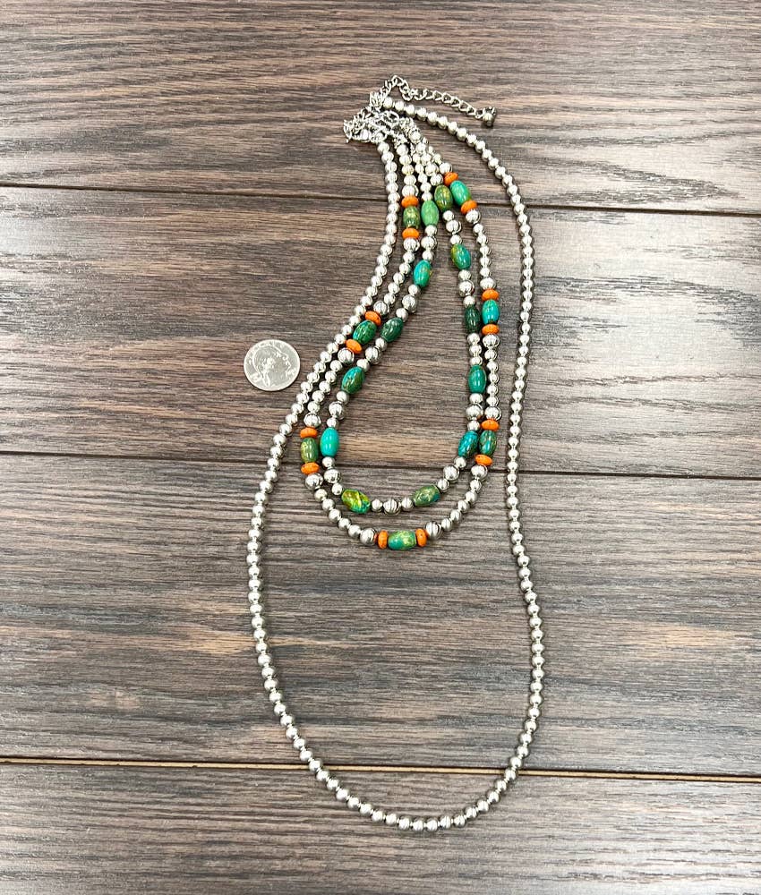 738563, Handmade Turquoise, Silver Navajo Bead Necklace