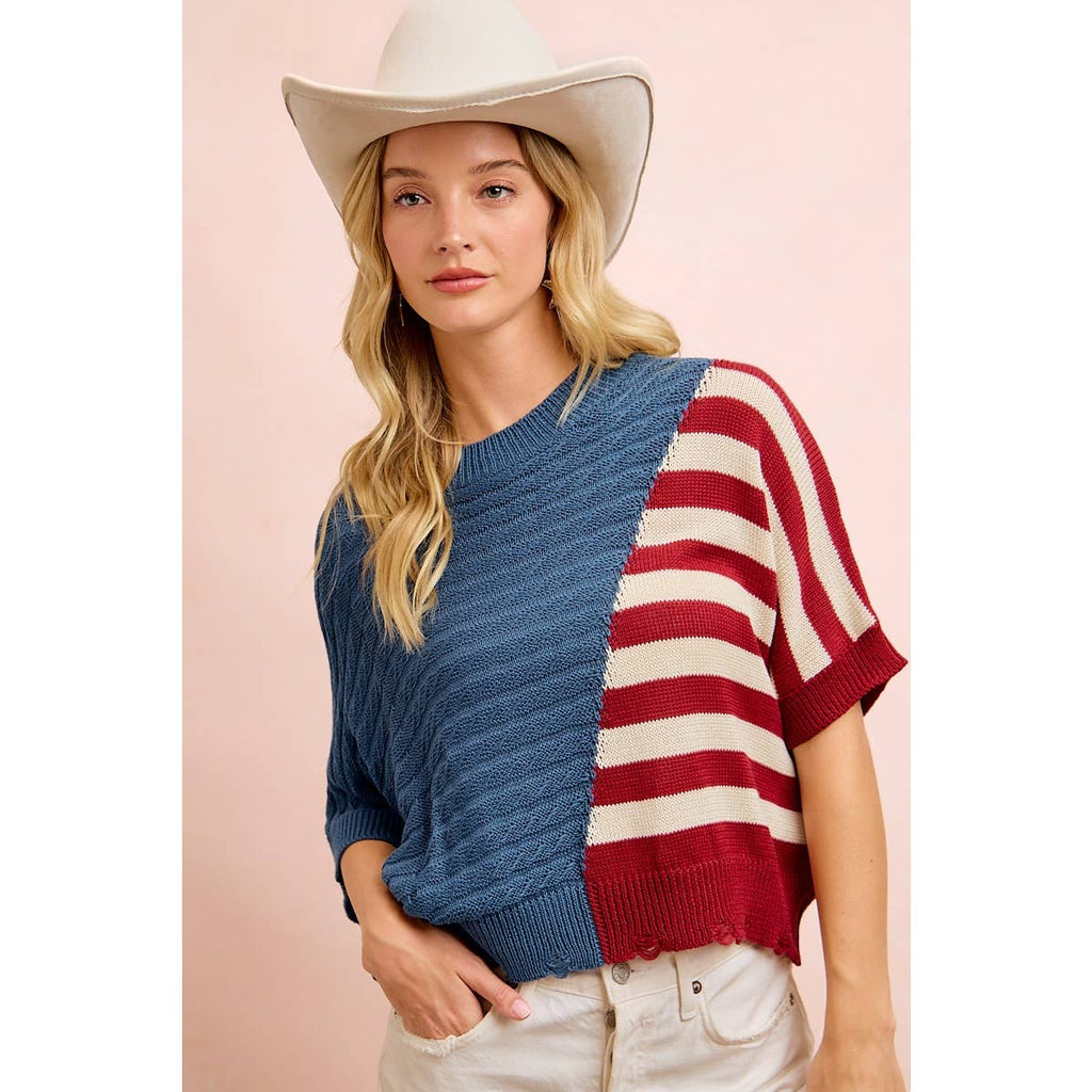 4TH OF JULY DIAGONAL STRIPE BLOCK TEXTURED KNIT TOP