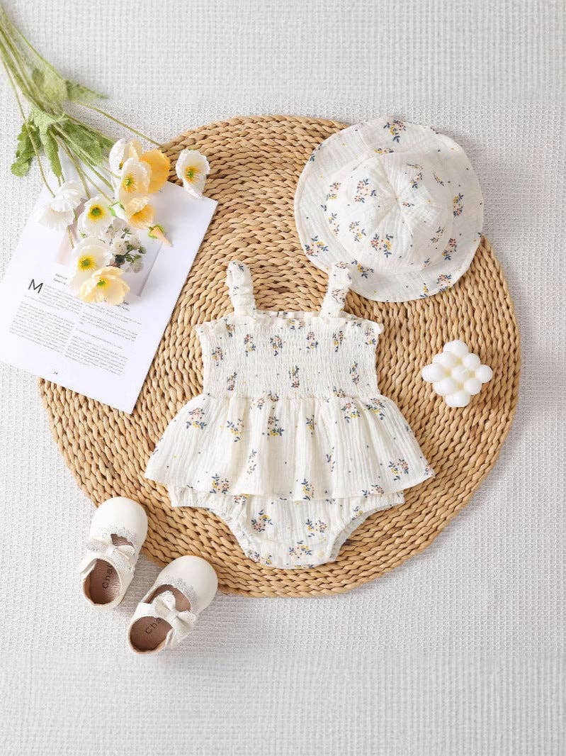 Spring Floral Smocked Ruffle Romper and Hat Set