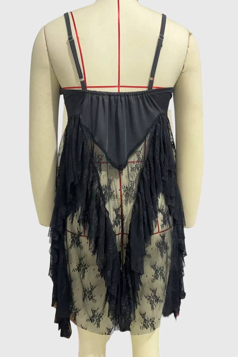 Sheer Lace Ruffle Mini Dress