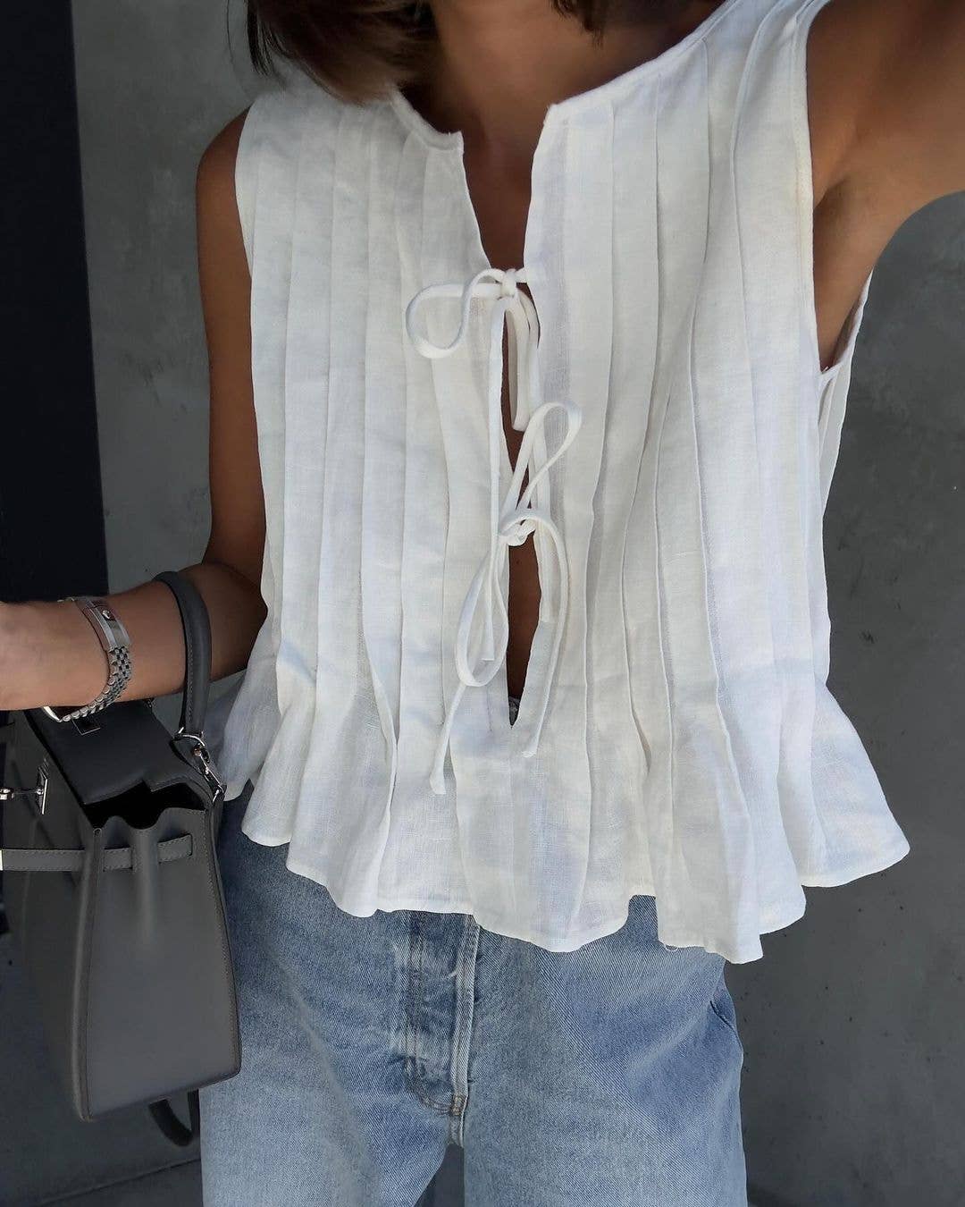Viral top lace up bow tie front Pleated tank top