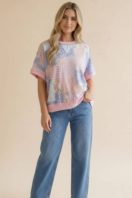 Plus Floral Patchwork Top With Triangle Detail
