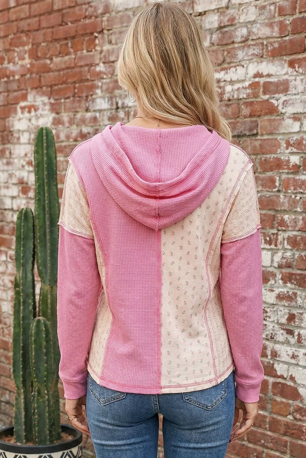 Pink Texture Floral Patched Hooded Oversize Pullover