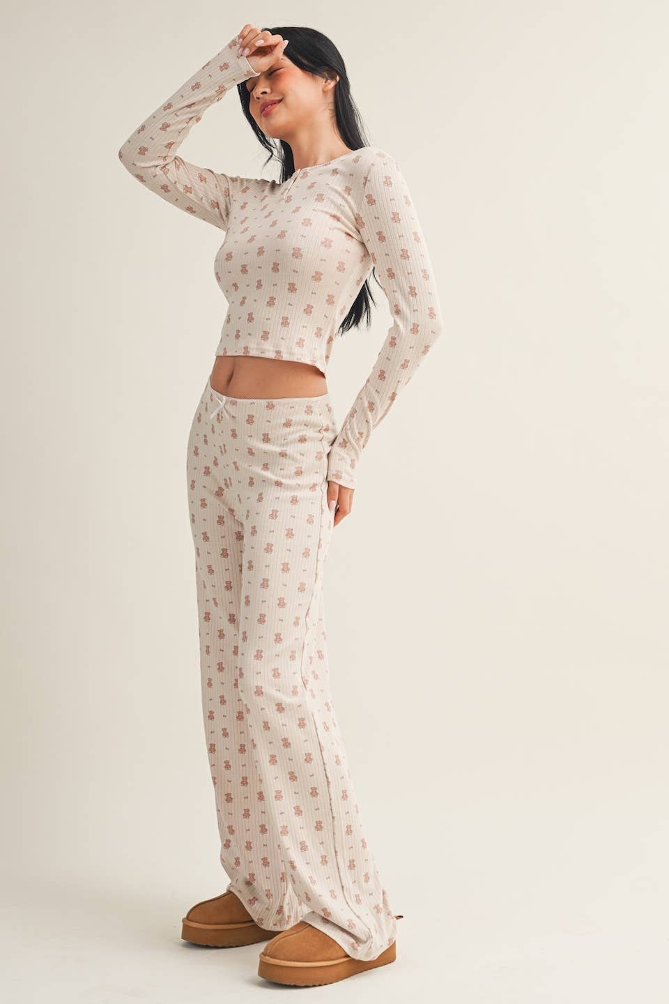 Crewneck Teddy Bear Print Pointelle Lounge Set