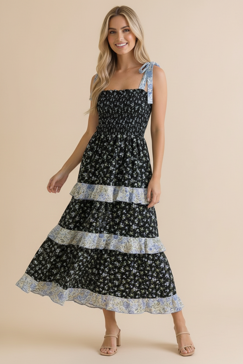 Floral Smocking Tube Top Maxi Dress