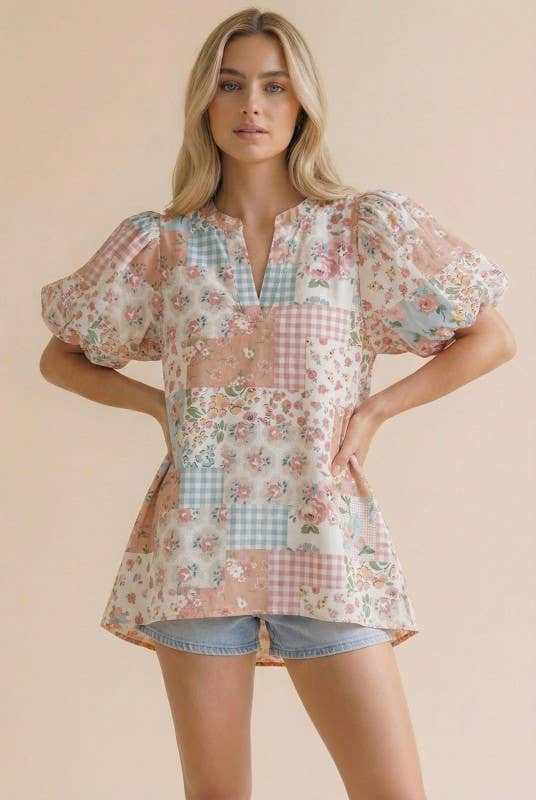 Plus Notch Neck Puff Sleeve Floral Patchwork Top