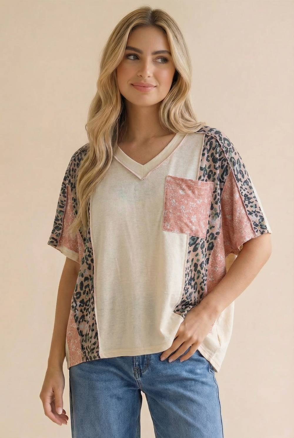 Plus Floral Leopard Color Block Dolman Knit Top