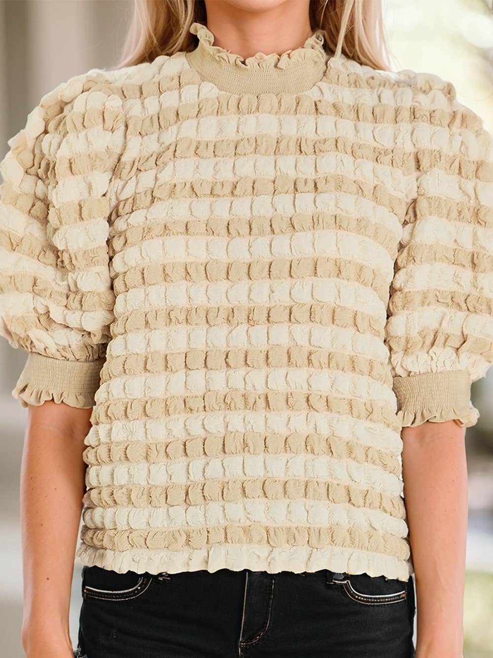 Textured Mock Neck Short Sleeve Blouse