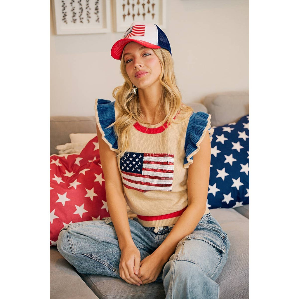 4TH OF JULY THEME SEQUIN AMERICA FLAG KNIT TOP