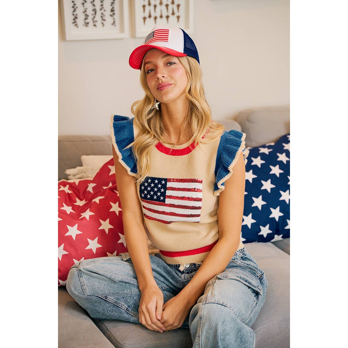 4TH OF JULY THEME SEQUIN AMERICA FLAG KNIT TOP