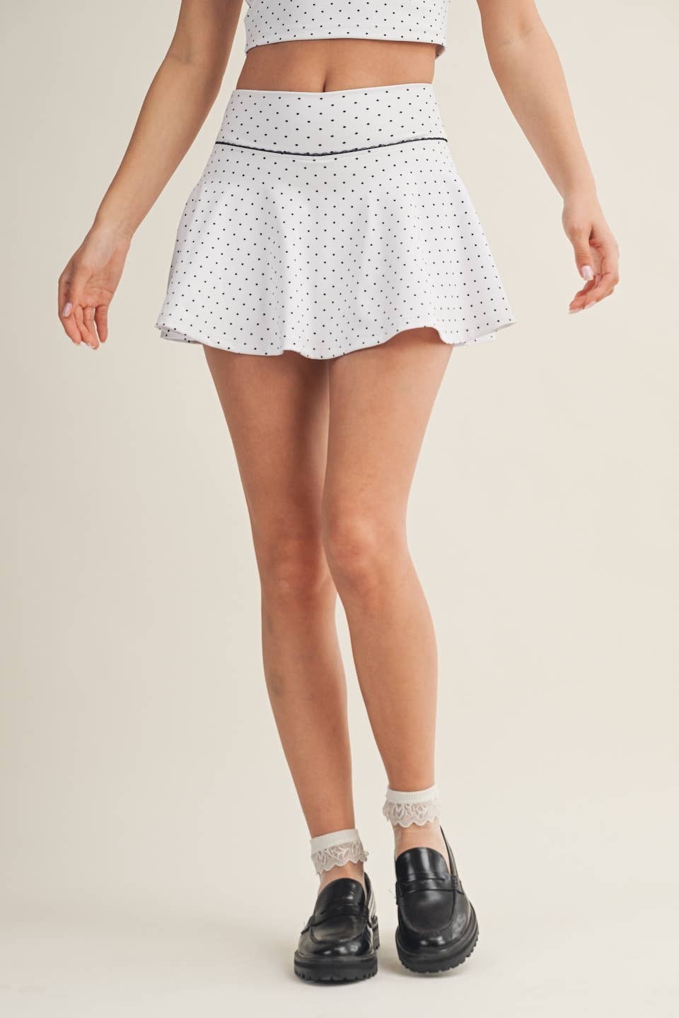 Polka Dot Print Mini Circle Skort with Bow Back and Lace Tri