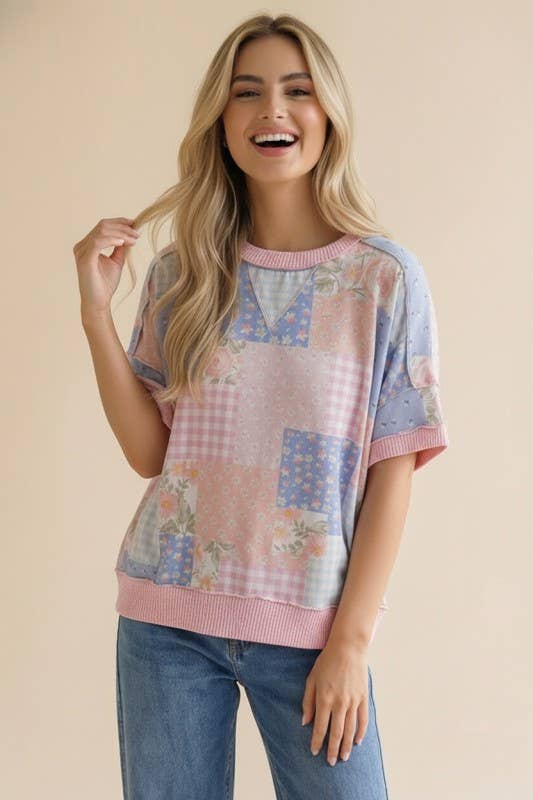Plus Floral Patchwork Top With Triangle Detail