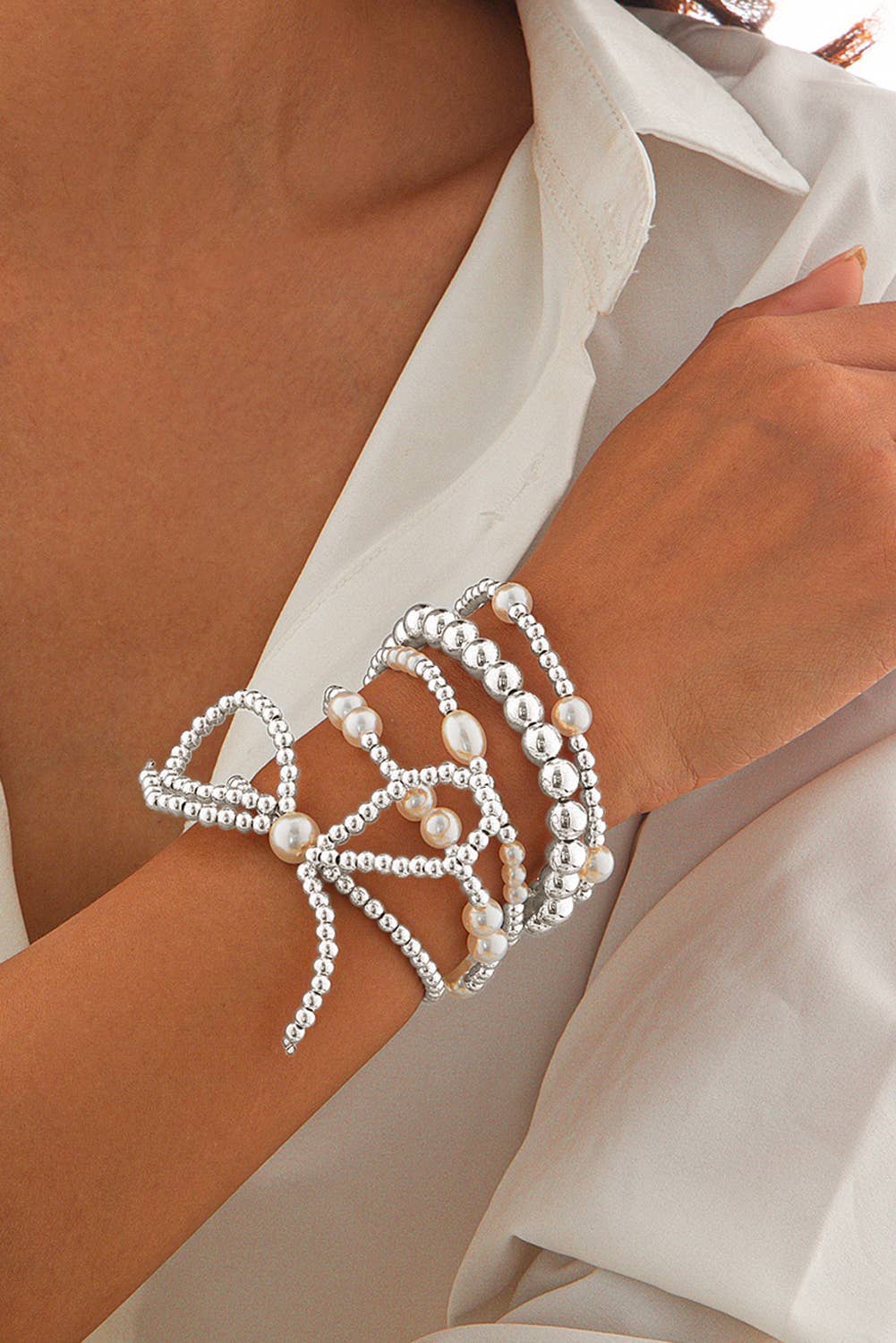 LDC Bow Knot Pearl Beaded Multi Layered Bracelet Set