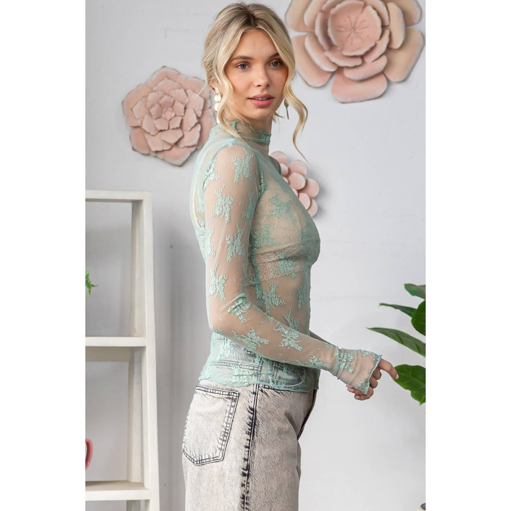 Lace Long Sleeve See Through Top