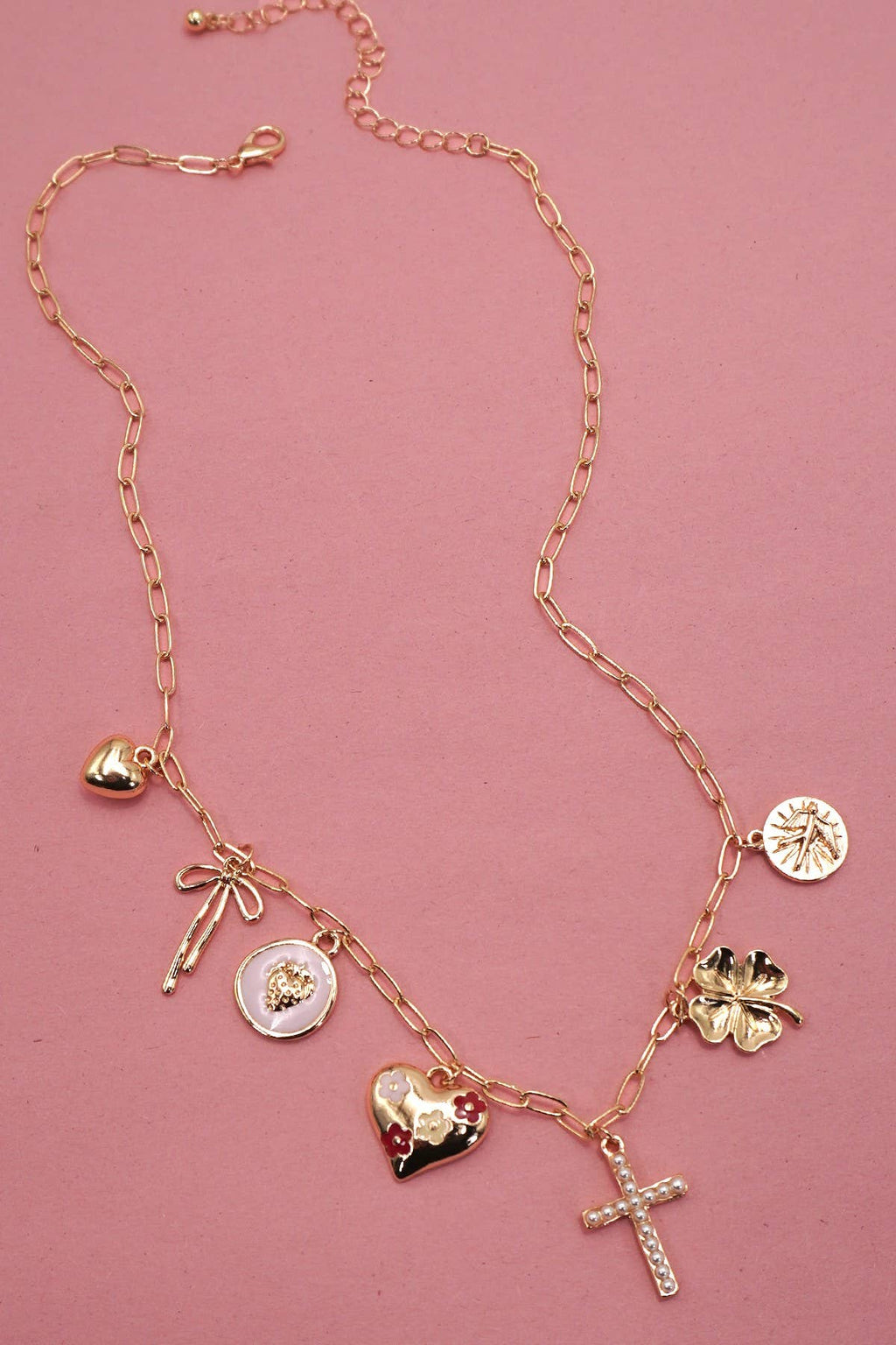 CHARM NECKLACE-CROSS CLOVER HEART BOW